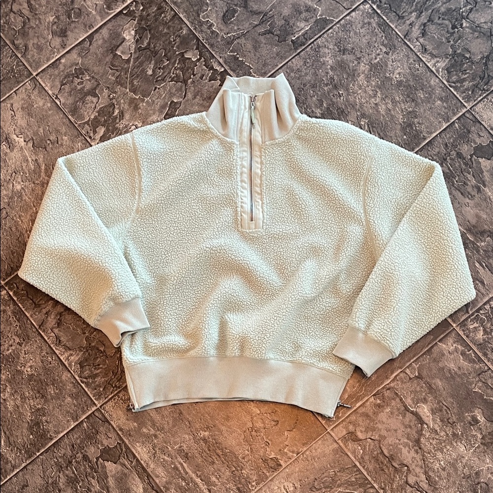 KYODAN Cozy Teddy-Bear Sherpa Quarter-Zip Light Mint Zipper Detail Pullover